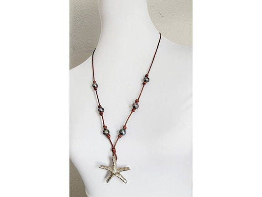 Leather Pearl Sterling Thai Silver Starfish adjustable necklace