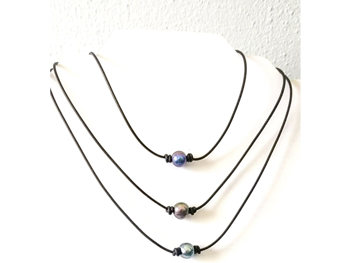 Single Pearl Leather Necklace, Floating Pearl Choker, Unisex Jewelry Gift