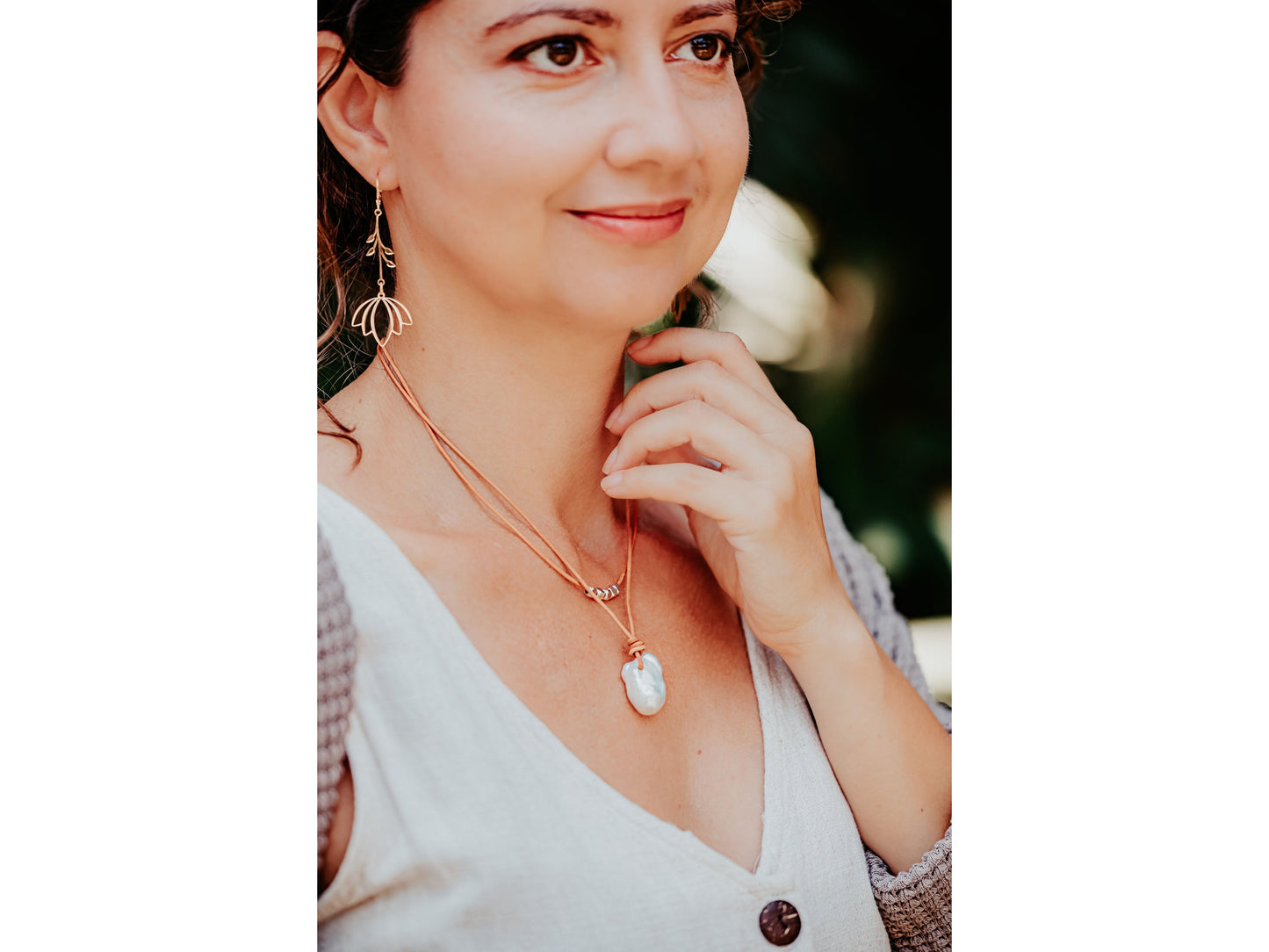 Large Baroque Flameball Pearl Leather Necklace: Silver Accent Beads