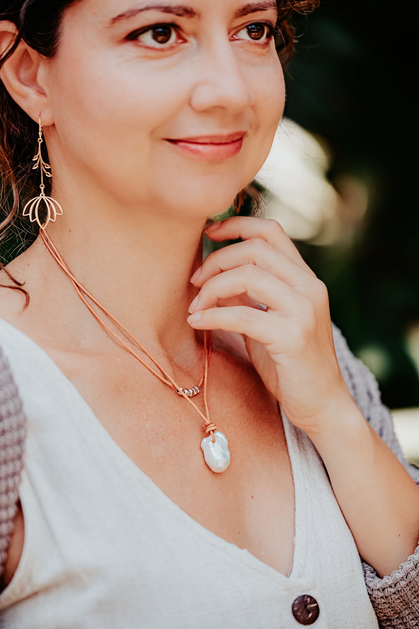 Large Baroque Flameball Pearl Leather Necklace: Silver Accent Beads