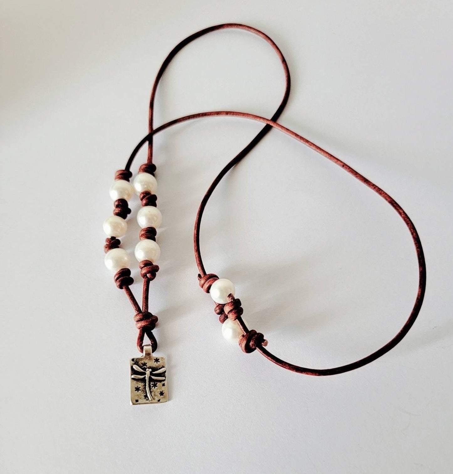 Leather Pearl Dragonfly pendant necklace, adjustable length