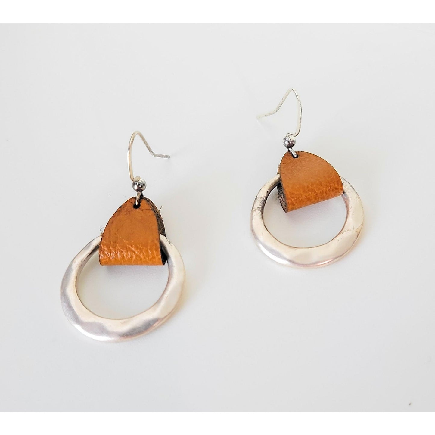 Rustic Genuine Leather hammered metal Hoop Earrings