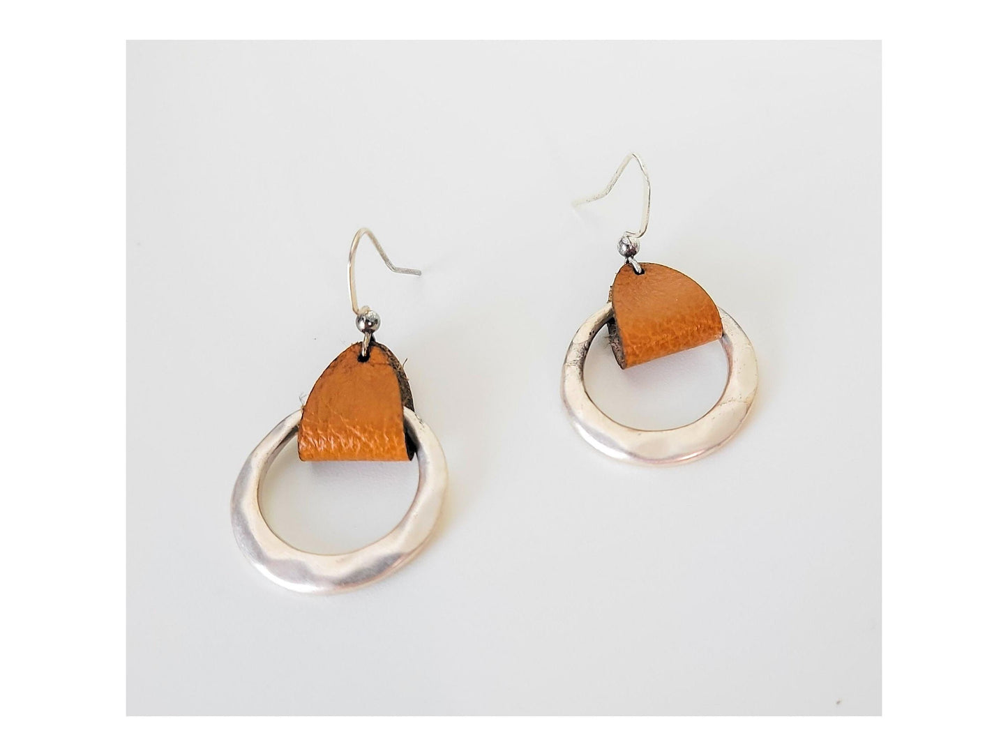 Rustic Genuine Leather hammered metal Hoop Earrings