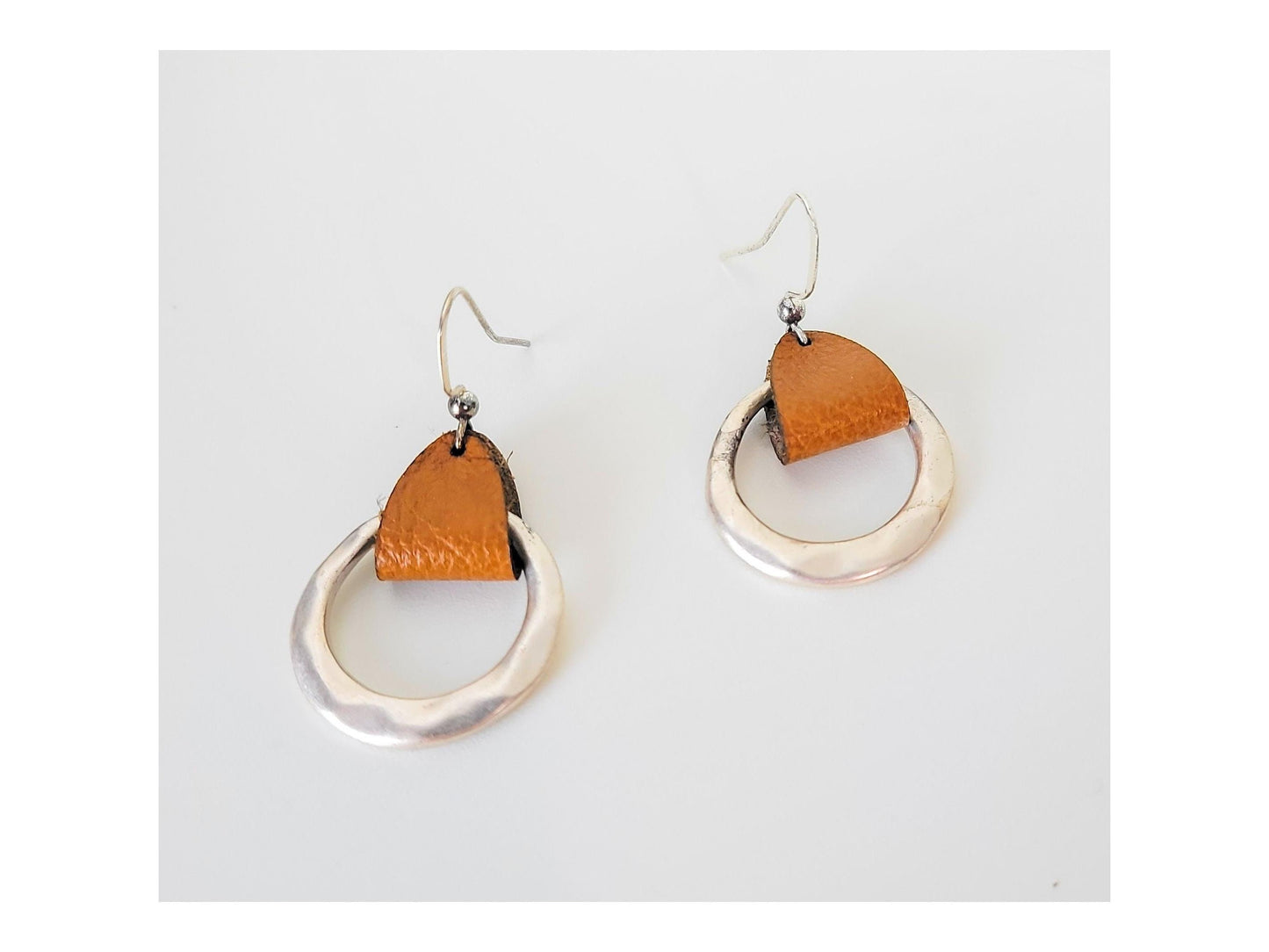 Rustic Genuine Leather hammered metal Hoop Earrings