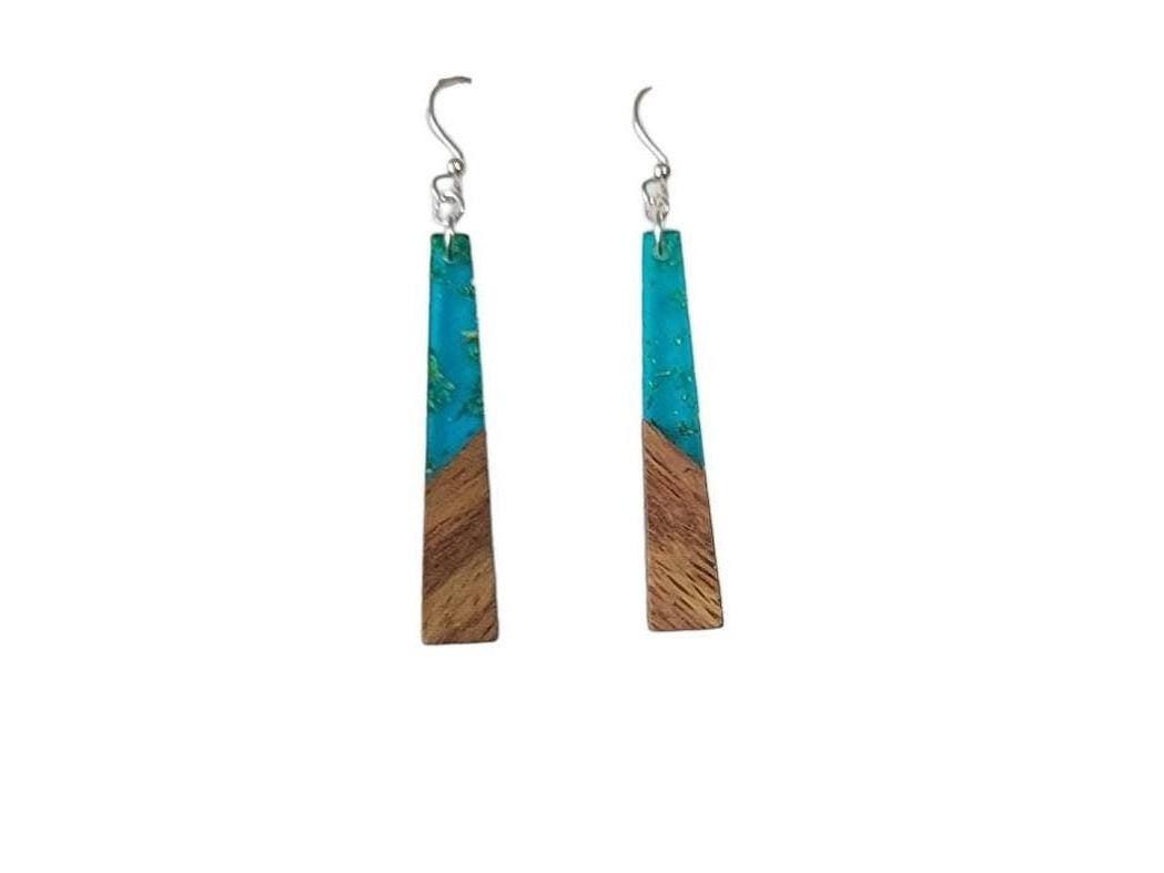 Long Wood Green Resin light weight earrings, hypoallergenic ear wires, Mother's day gift from kids