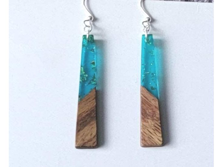 Long Wood Green Resin light weight earrings, hypoallergenic ear wires, Mother's day gift from kids