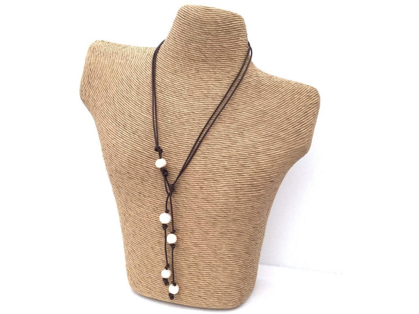 Leather pearl lariat necklace, 3rd anniversary gift for wife, Leather statement necklace,