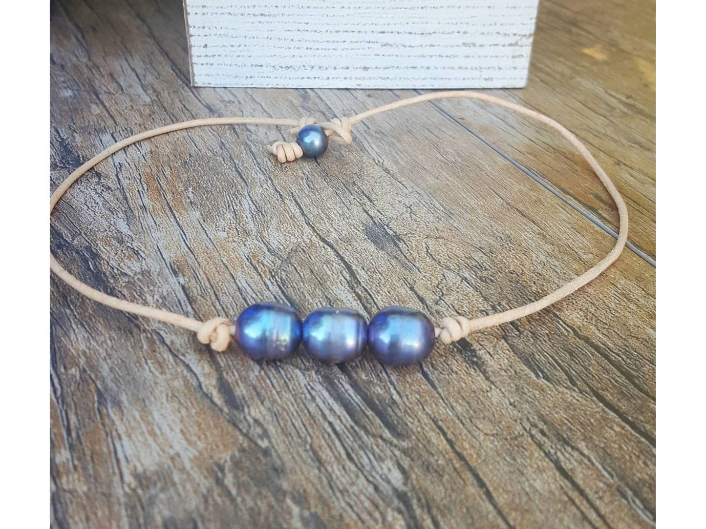 3 Pearls and Leather choker necklace, 3rd Anniversary gift for wife,