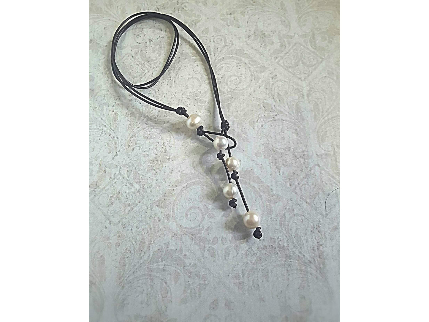 Leather pearl lariat necklace, 3rd anniversary gift for wife, Leather statement necklace,