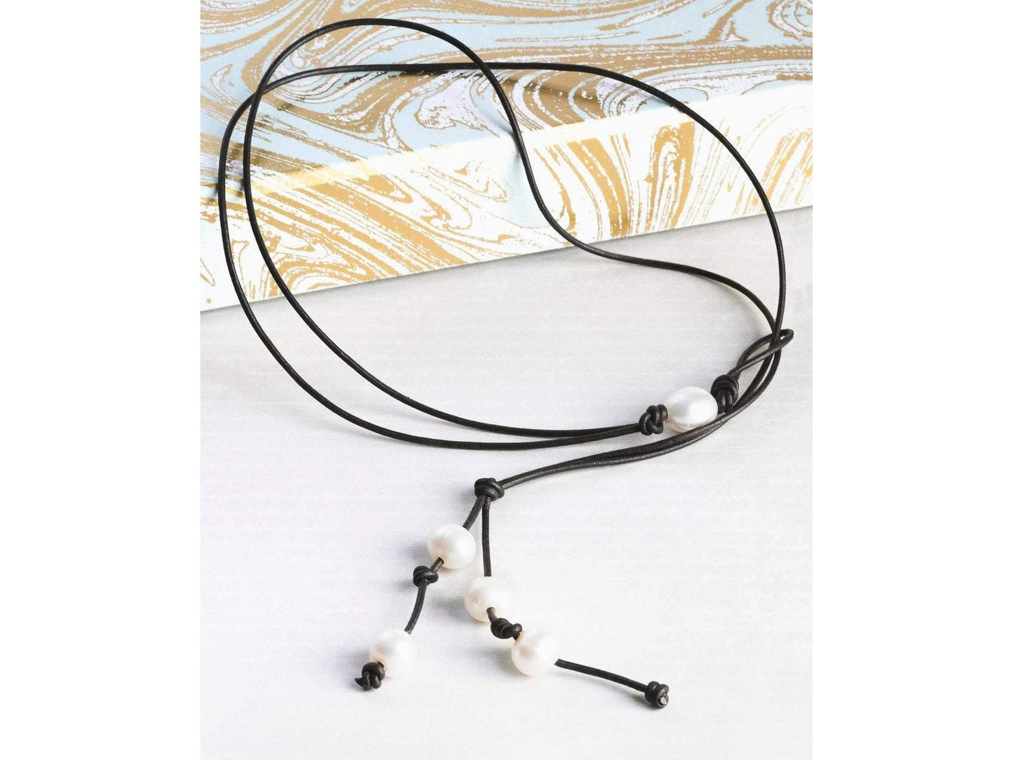 Leather pearl lariat necklace, 3rd anniversary gift for wife, Leather statement necklace,