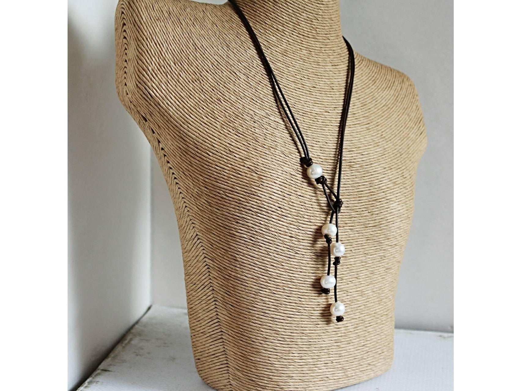 Leather pearl lariat necklace, 3rd anniversary gift for wife, Leather statement necklace,