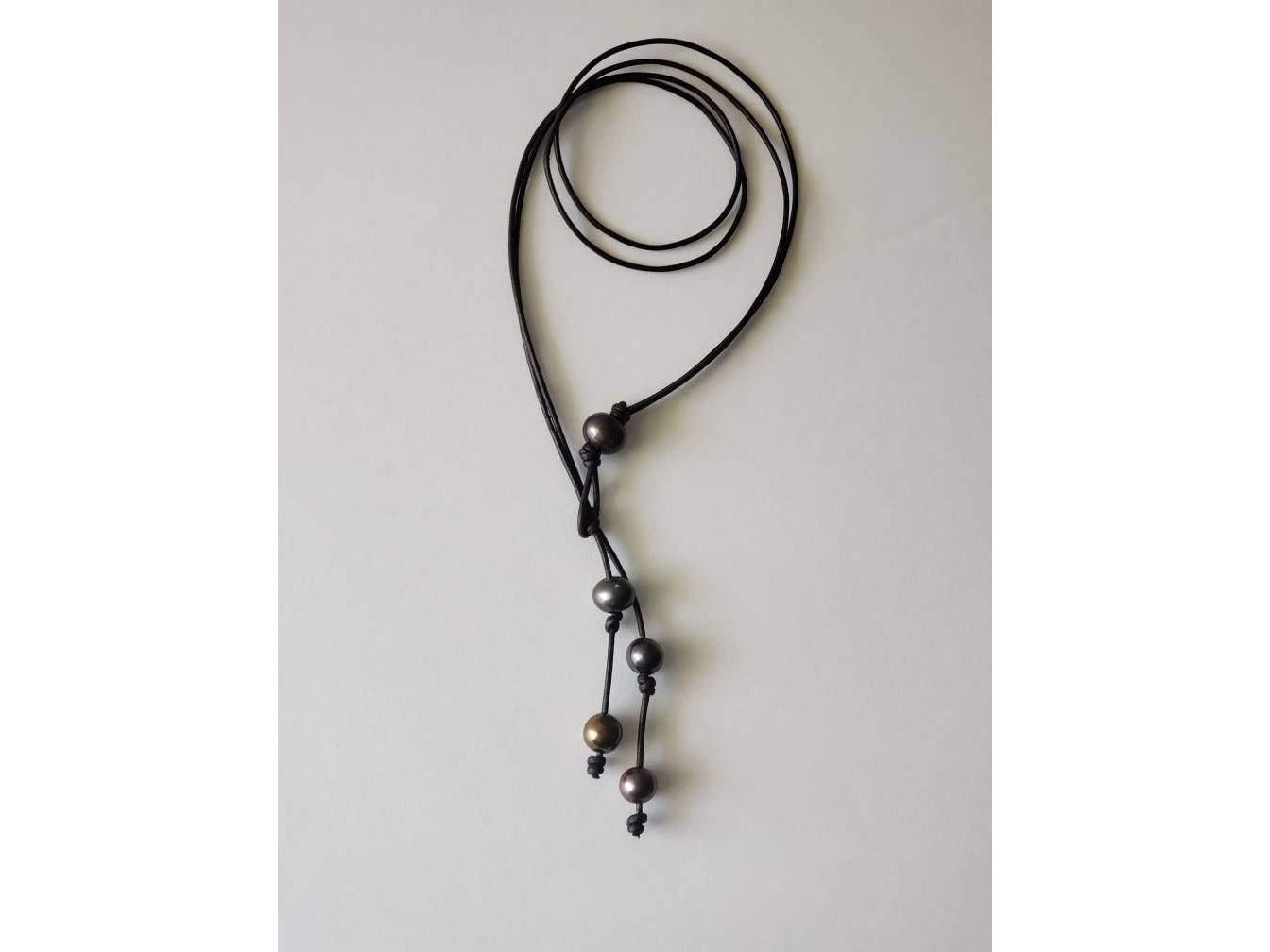 Leather pearl lariat necklace, 3rd anniversary gift for wife, Leather statement necklace,