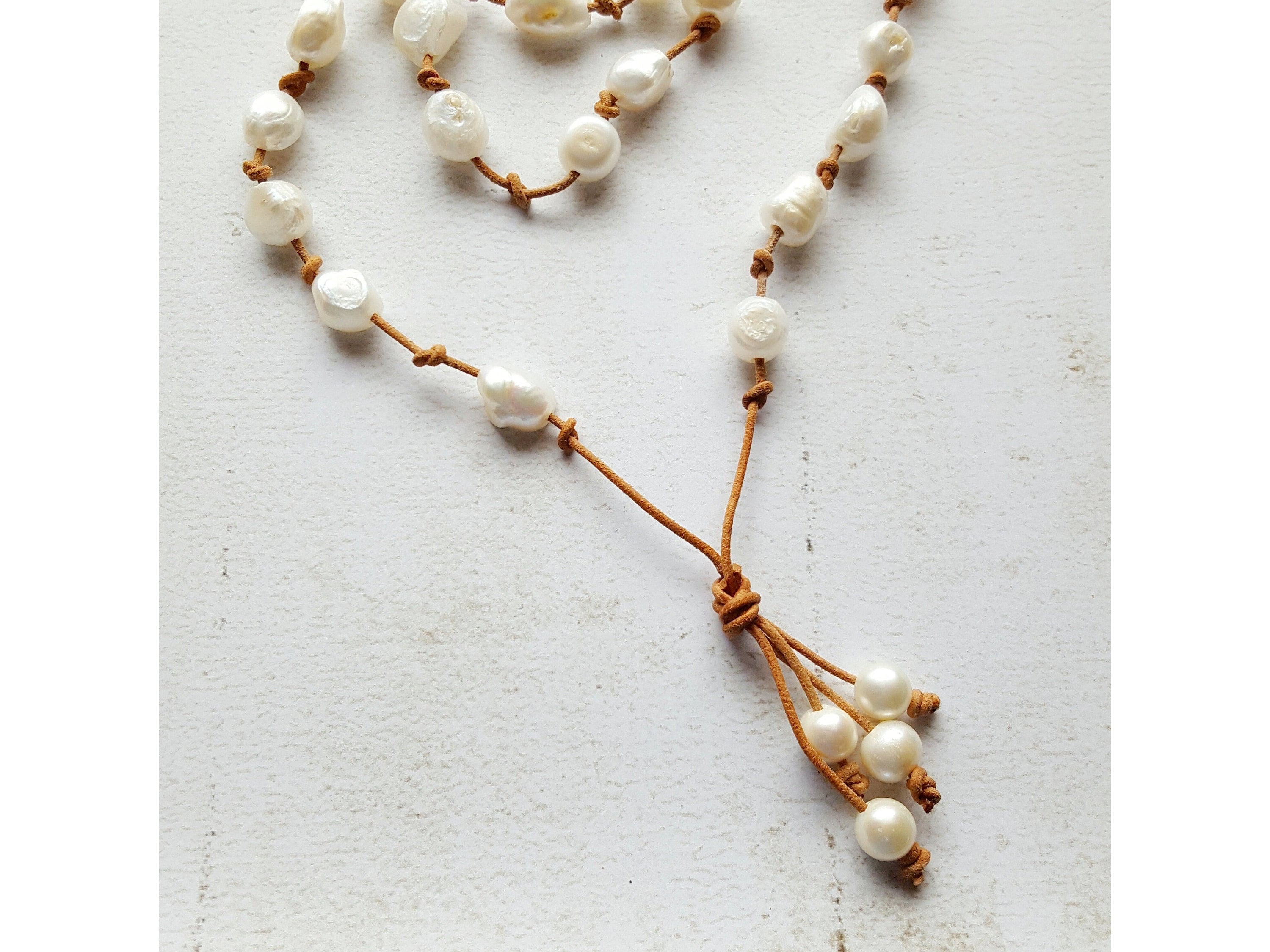 Bohemian lariat * pearl and leather necklace *freshwater white Pearl's and leather 39in online chestnut brown leather