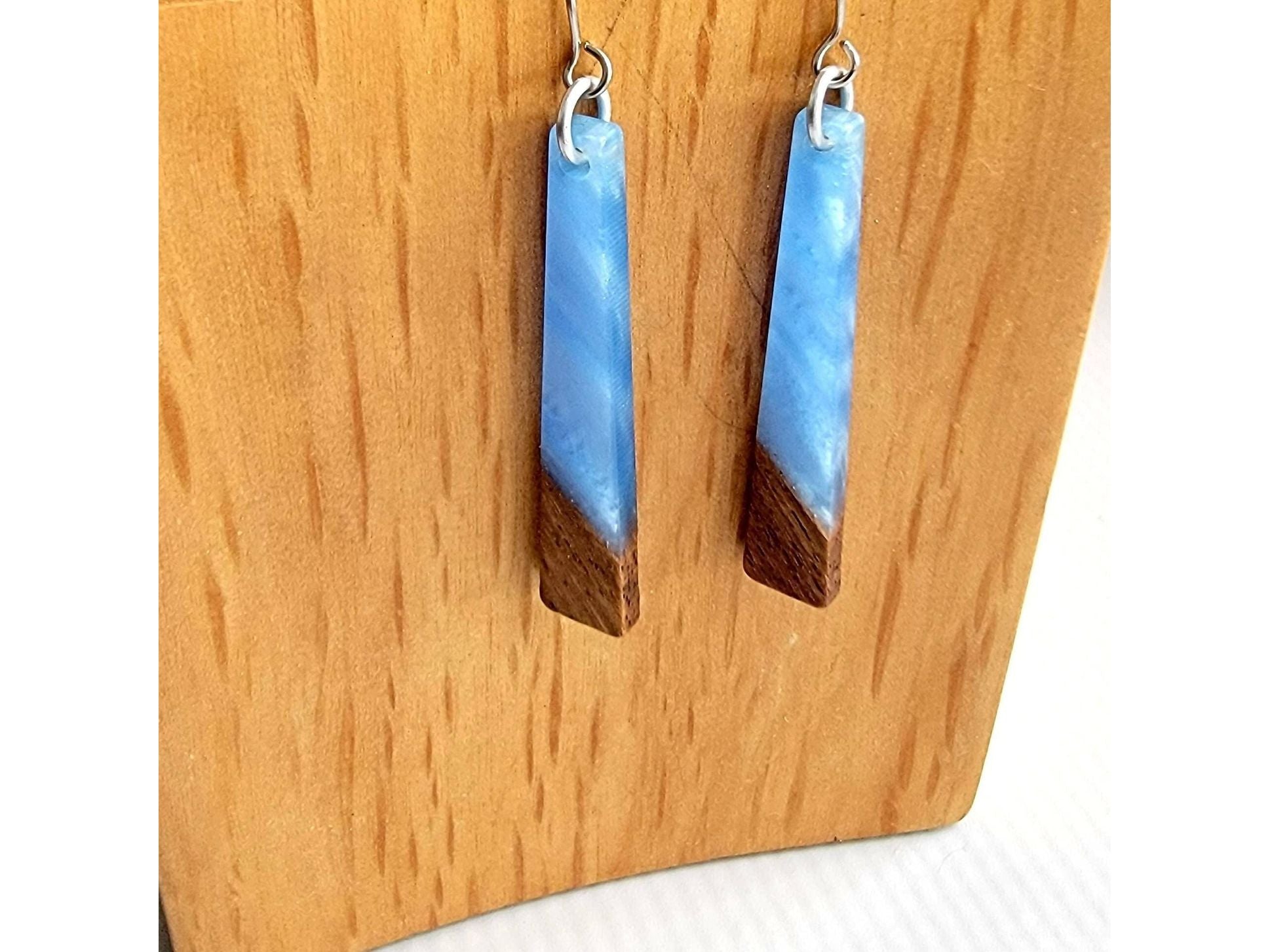 Long wood blue acrylic earrings, hypoallergenic ear wires
