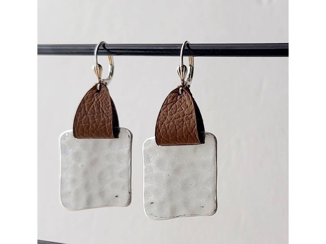 Hammered Square Earrings, 3rd Anniversary Gift of Leather Earrings for Her,