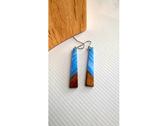 Long wood blue acrylic earrings, hypoallergenic ear wires