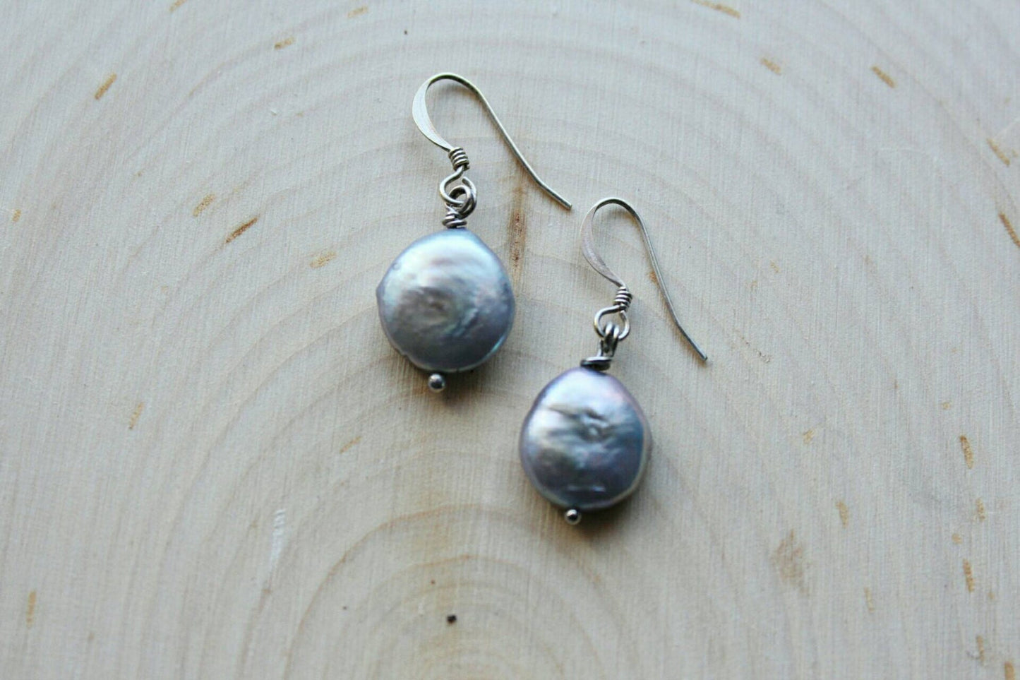 Gray Coin pearl earrings, Silver pearl coins shaped earrings,