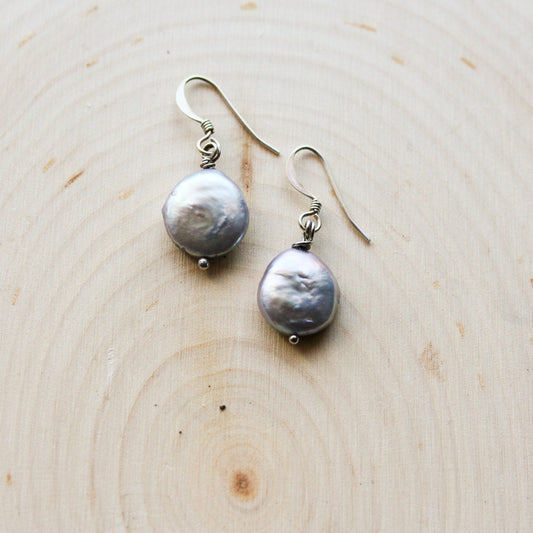 Gray Coin Pearl Earrings, Sterling Silver plated, Dainty
