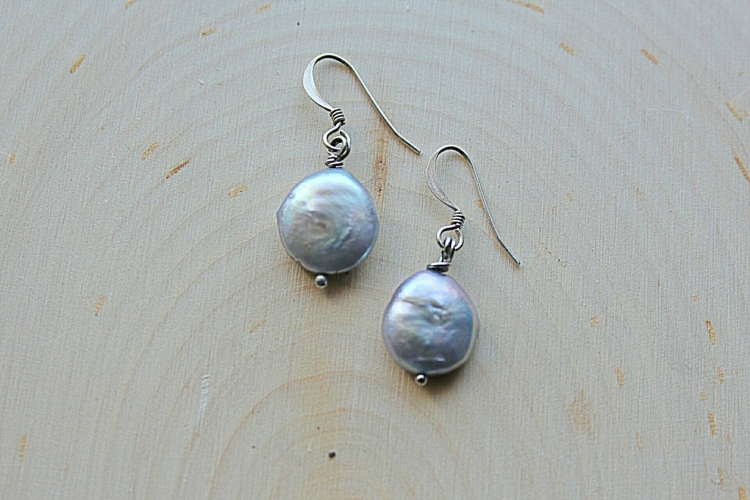 Gray Coin pearl earrings, Silver pearl coins shaped earrings,