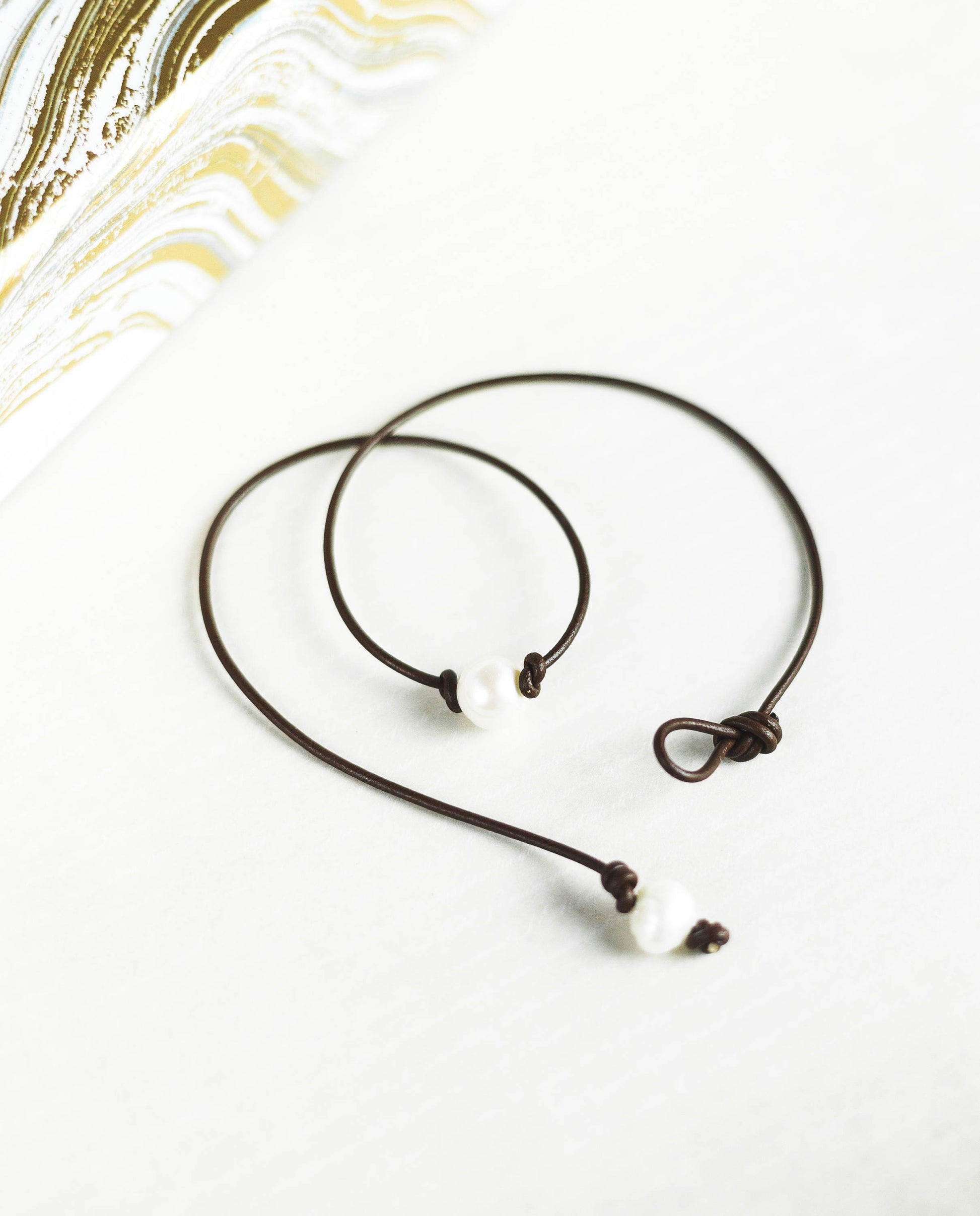 Single Pearl Leather Necklace, Floating Pearl Choker, Unisex Jewelry Gift