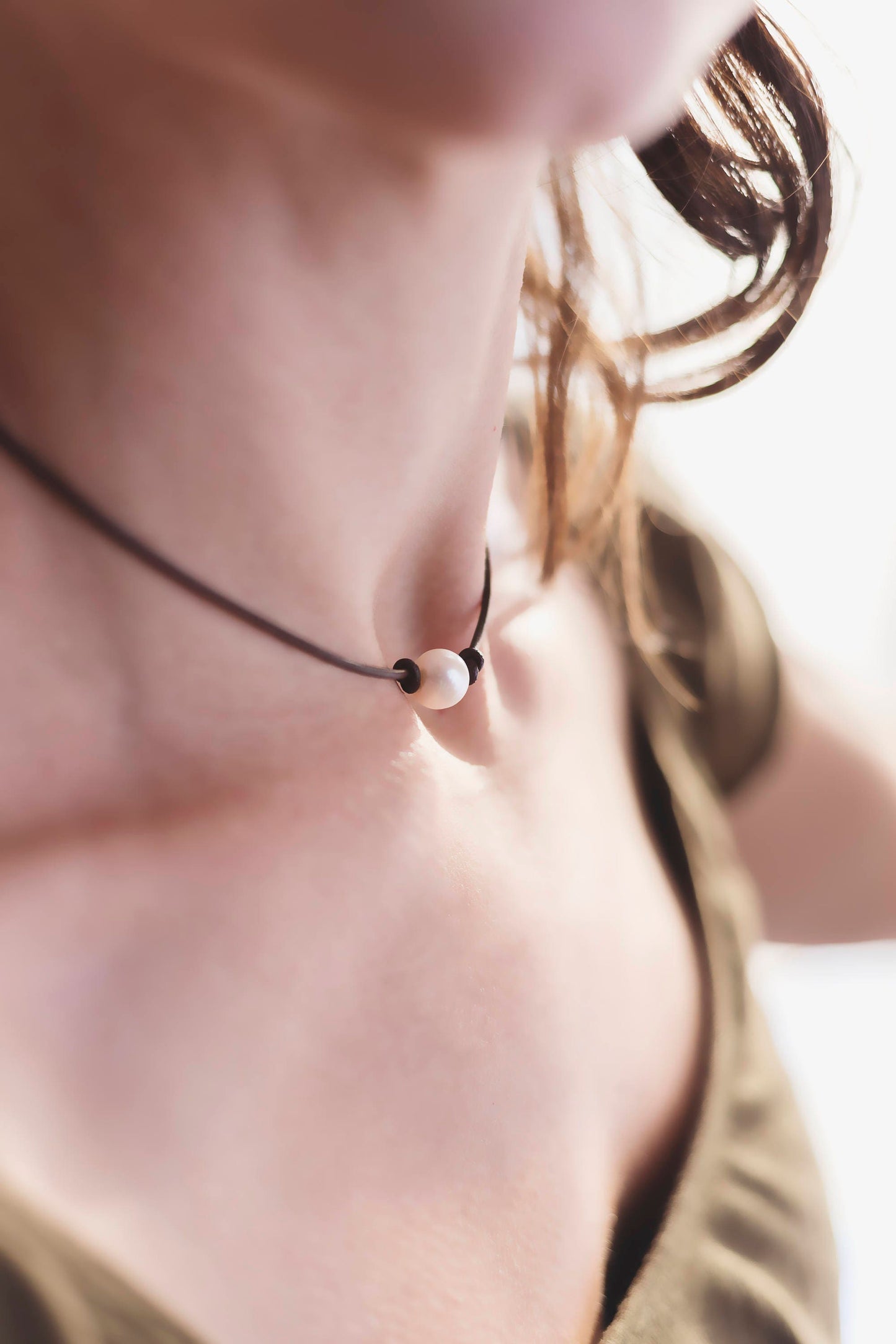 Single Pearl Leather Necklace, Floating Pearl Choker, Unisex Jewelry Gift