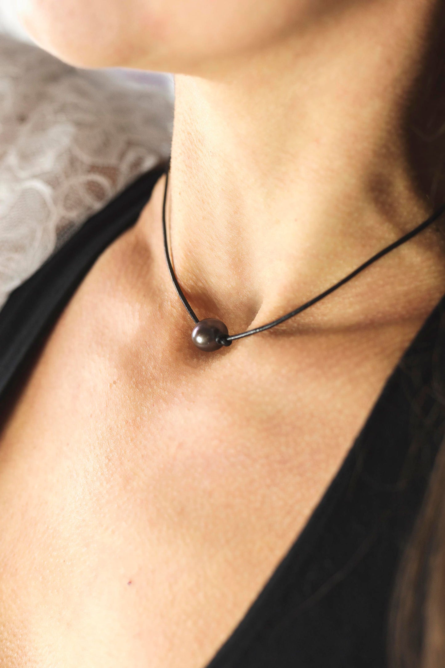 Single Pearl Leather Necklace, Floating Pearl Choker, Unisex Jewelry Gift