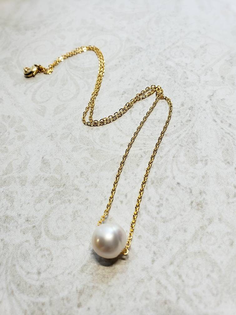 Floating 10mm Pearl Necklace, Gold or Silver Chain