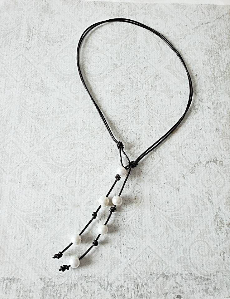 Leather Pearl Lariat Necklace,
