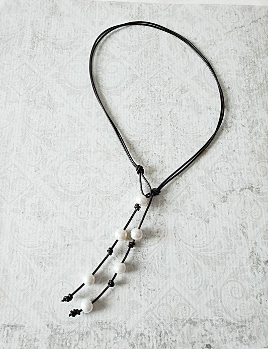 Leather Pearl Lariat Necklace,