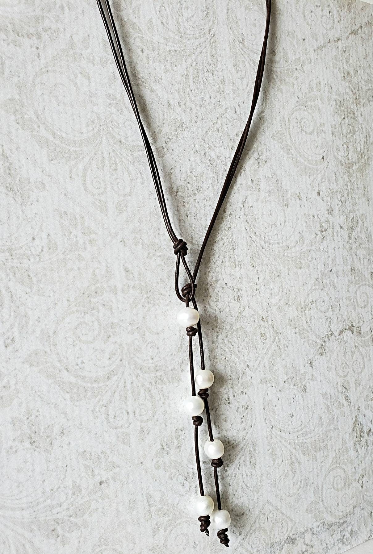 Leather Pearl Lariat Necklace,