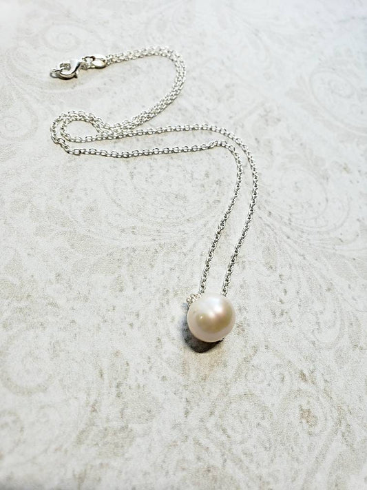 Floating 10mm Pearl Necklace, Gold or Silver Chain