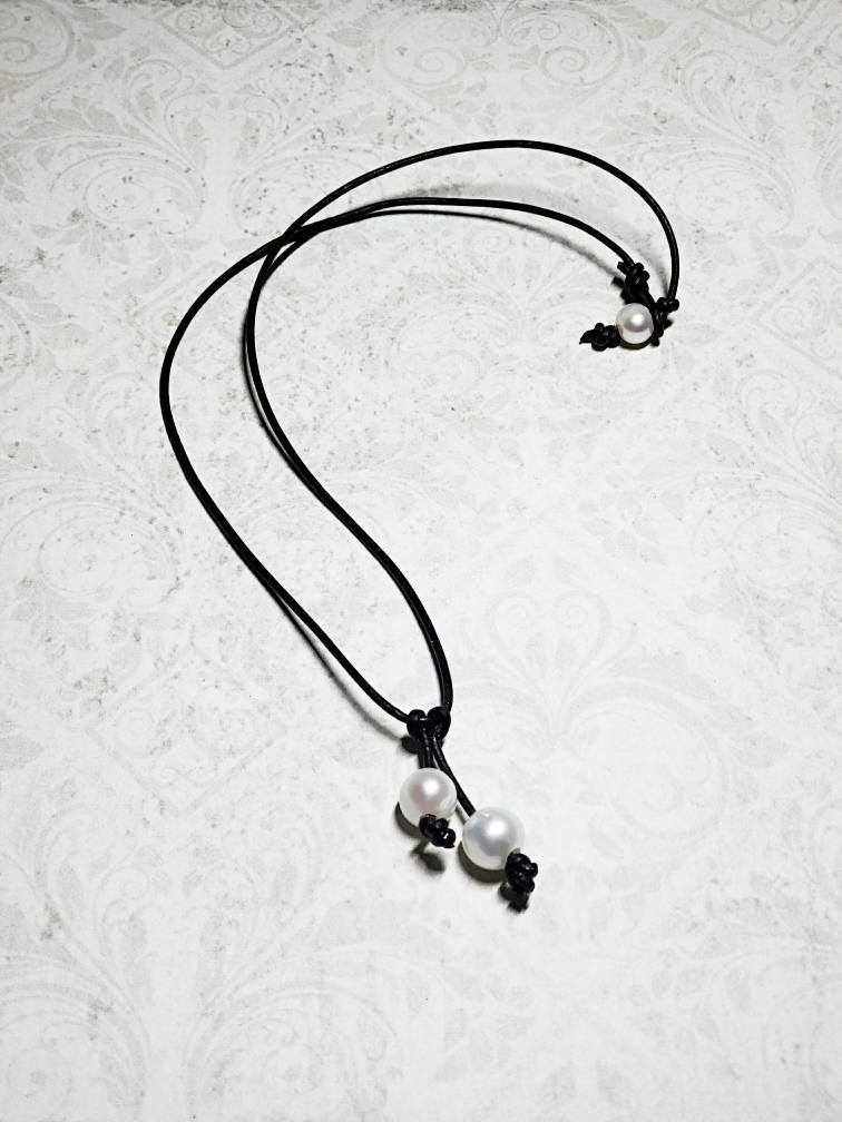 Leather and pearl drop necklace, 3rd anniversary gift for wife girlfriend, Bohemian style jewelry,