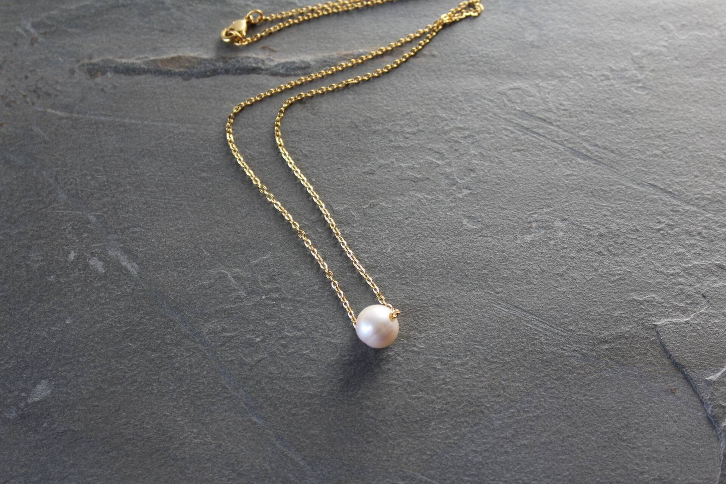 Floating 10mm Pearl Necklace, Gold or Silver Chain