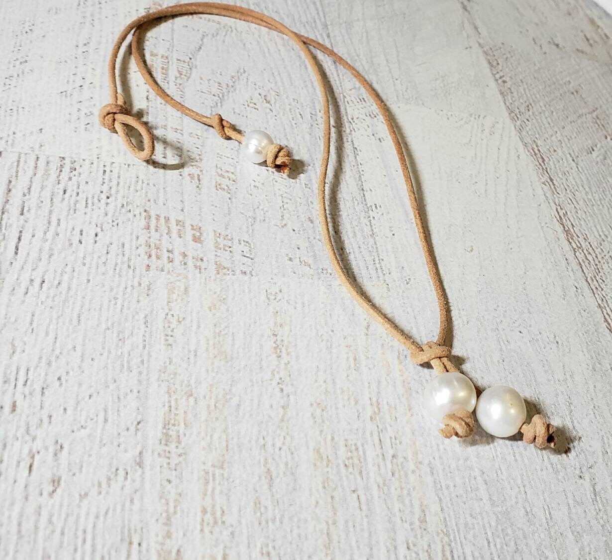 Leather and pearl drop necklace, 3rd anniversary gift for wife girlfriend, Bohemian style jewelry,