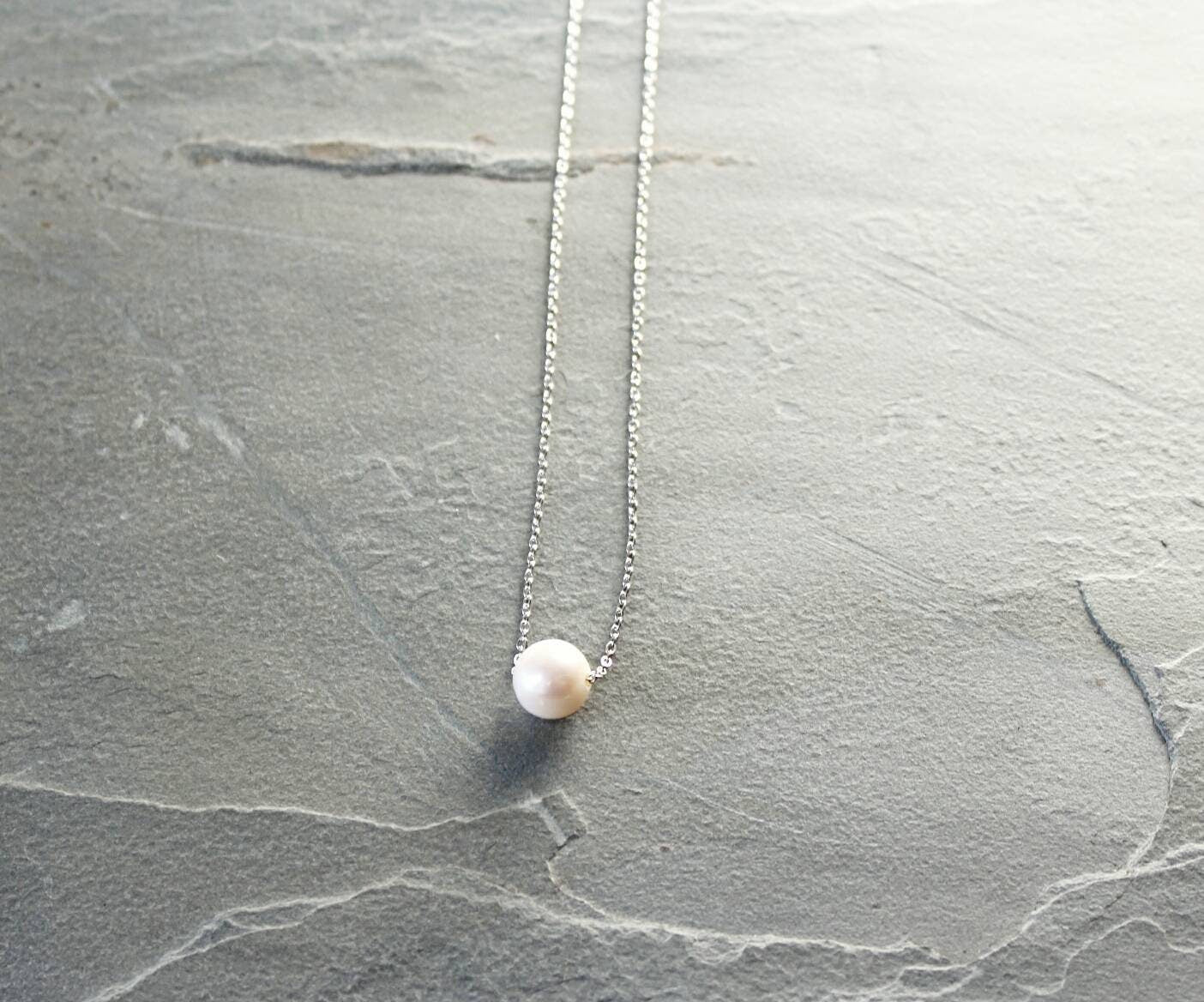 Floating 10mm Pearl Necklace, Gold or Silver Chain