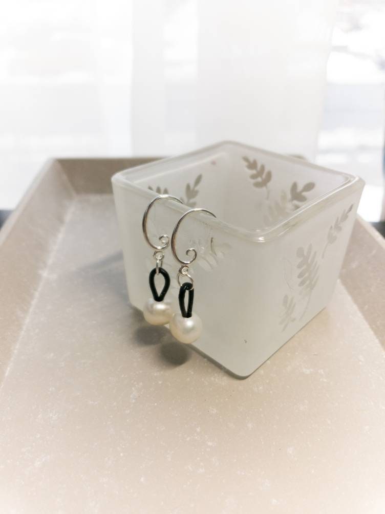 Pearl earrings, Leather pearl earring, 30th anniversary gift of pearls