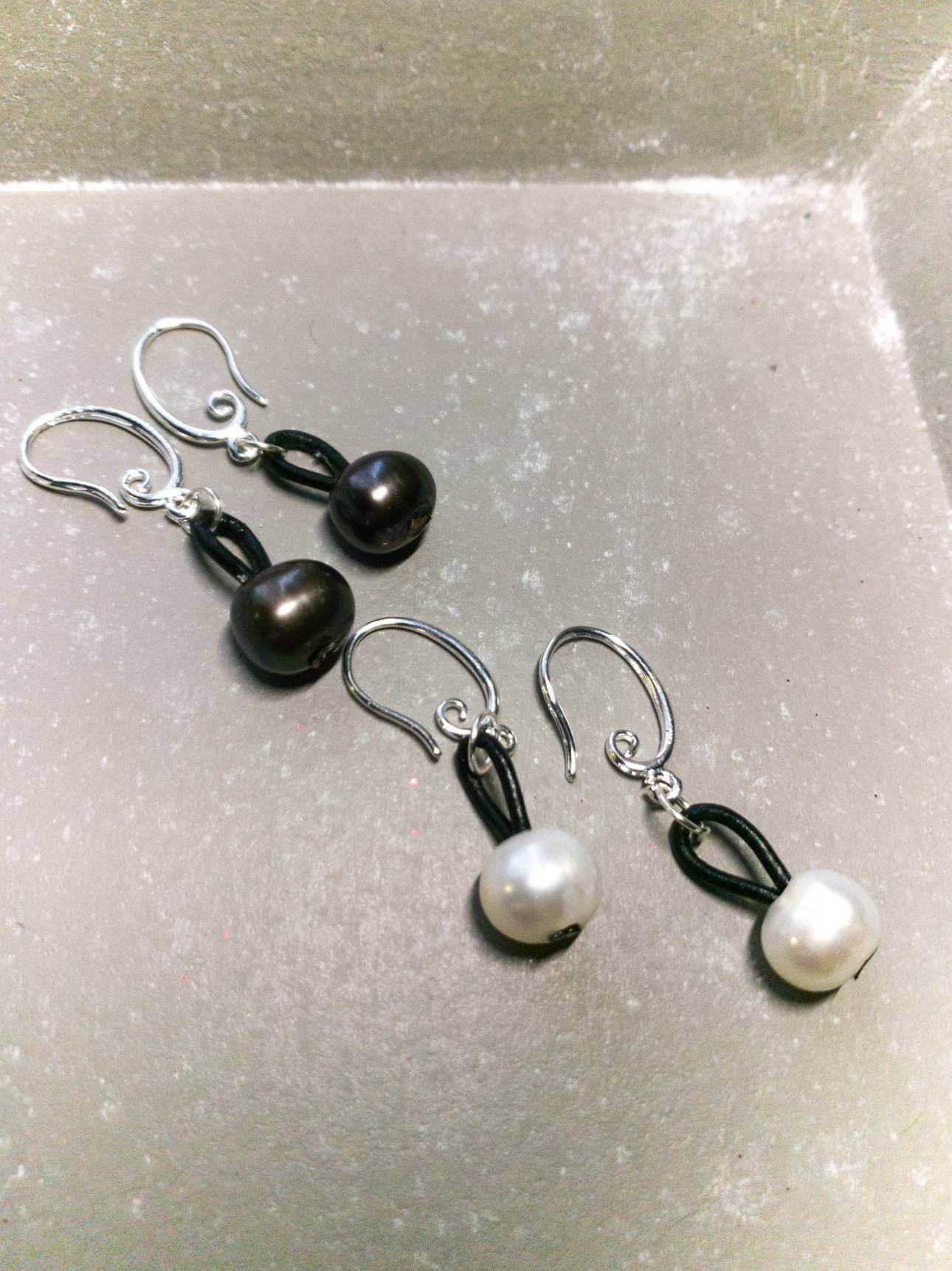 Pearl earrings, Leather pearl earring, 30th anniversary gift of pearls