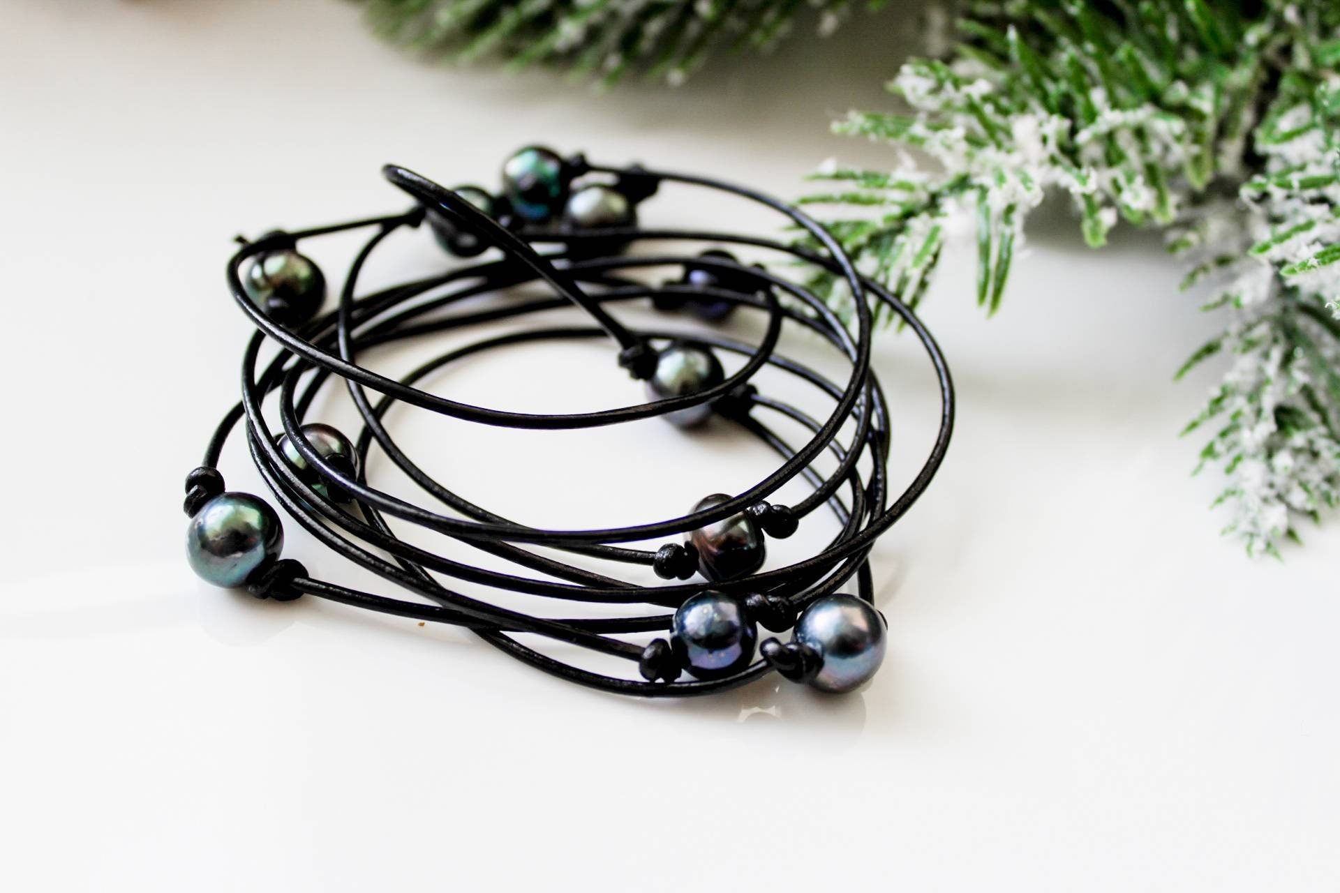 Long pearl station necklace, leather and pearl bracelet, 3rd anniversary gift for wife,