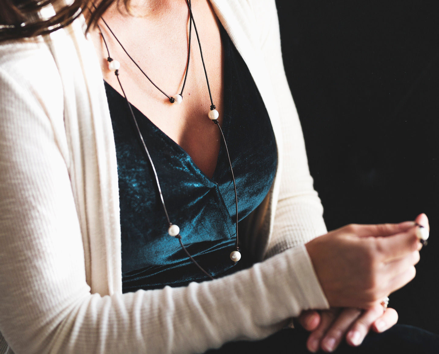 Long pearl station necklace, leather and pearl bracelet, 3rd anniversary gift for wife,