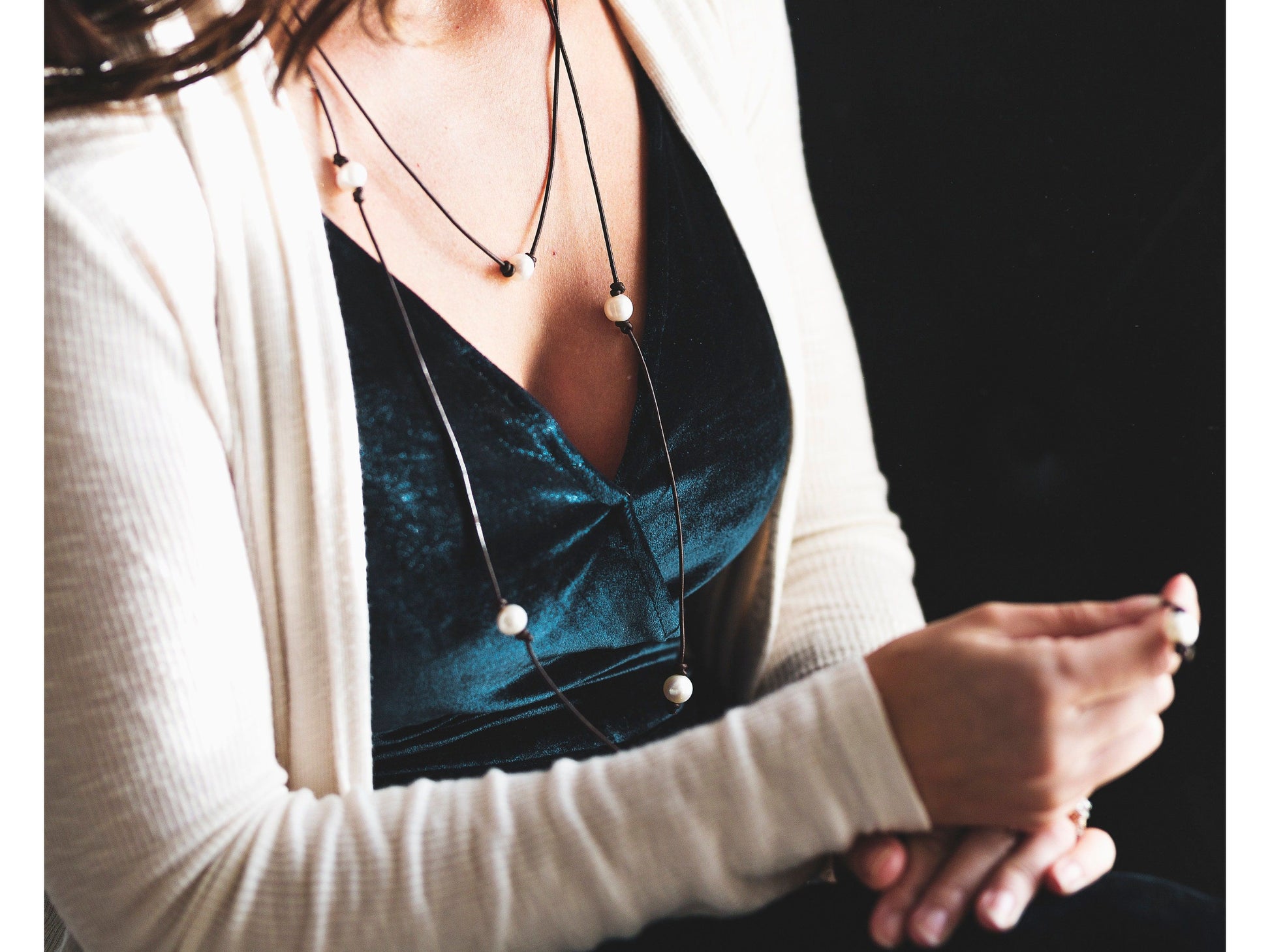 Long pearl station necklace, leather and pearl bracelet, 3rd anniversary gift for wife,