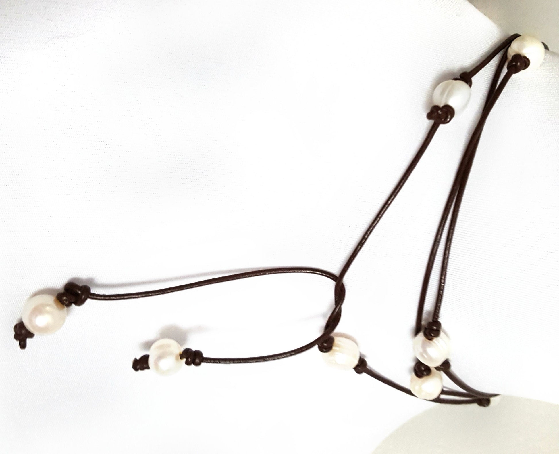 Long pearl station necklace, leather and pearl bracelet, 3rd anniversary gift for wife,