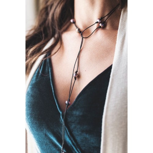 Long pearl station necklace, leather and pearl bracelet, 3rd anniversary gift for wife,