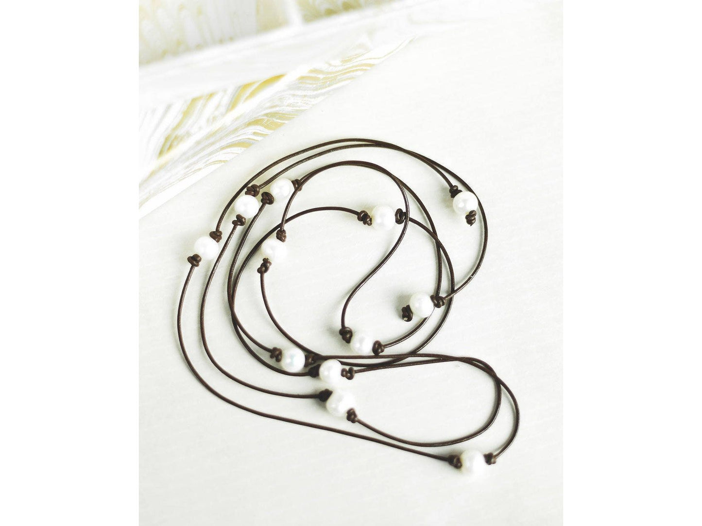 Long pearl station necklace, leather and pearl bracelet, 3rd anniversary gift for wife,