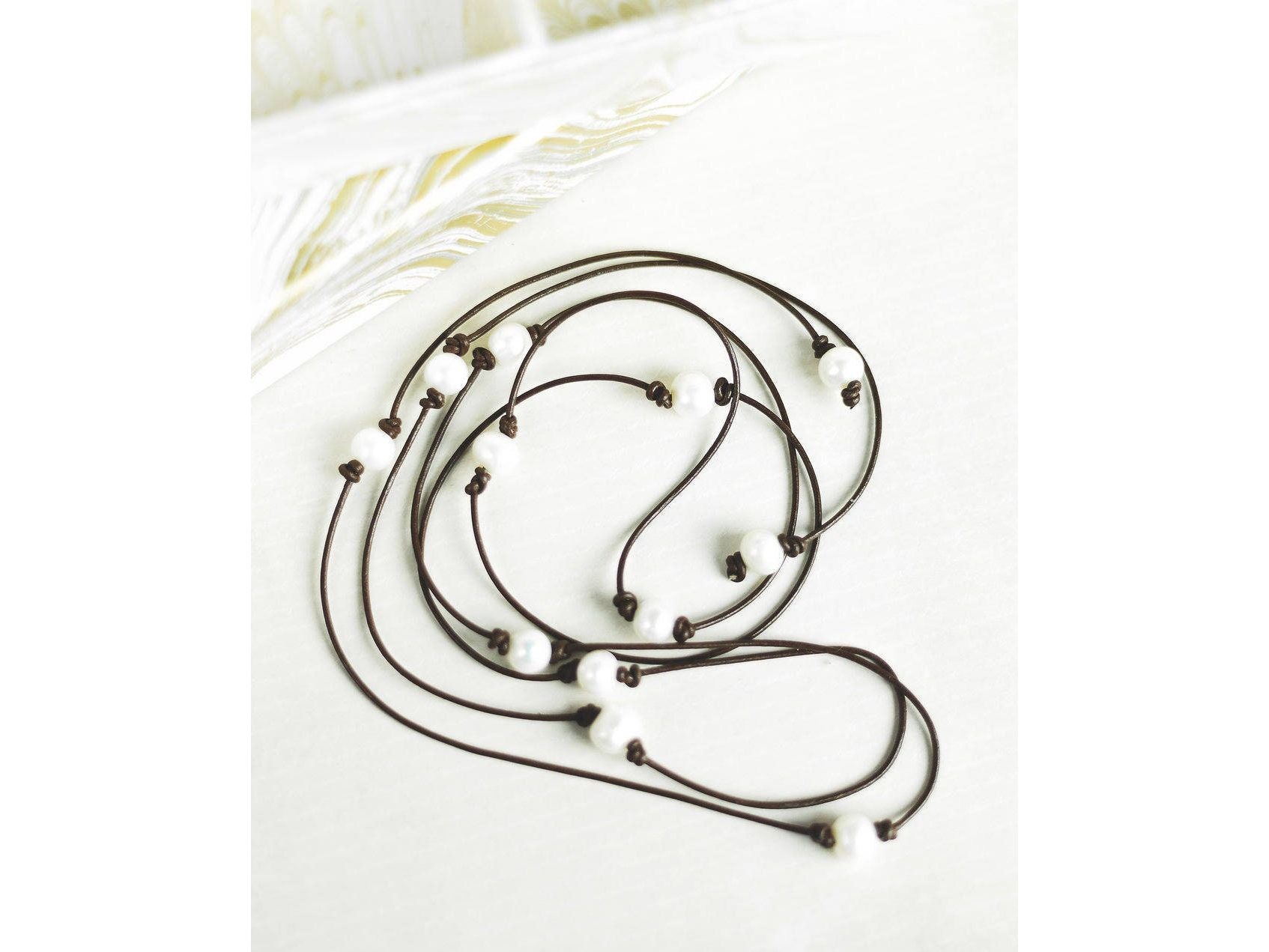 Long pearl station necklace, leather and pearl bracelet, 3rd anniversary gift for wife,