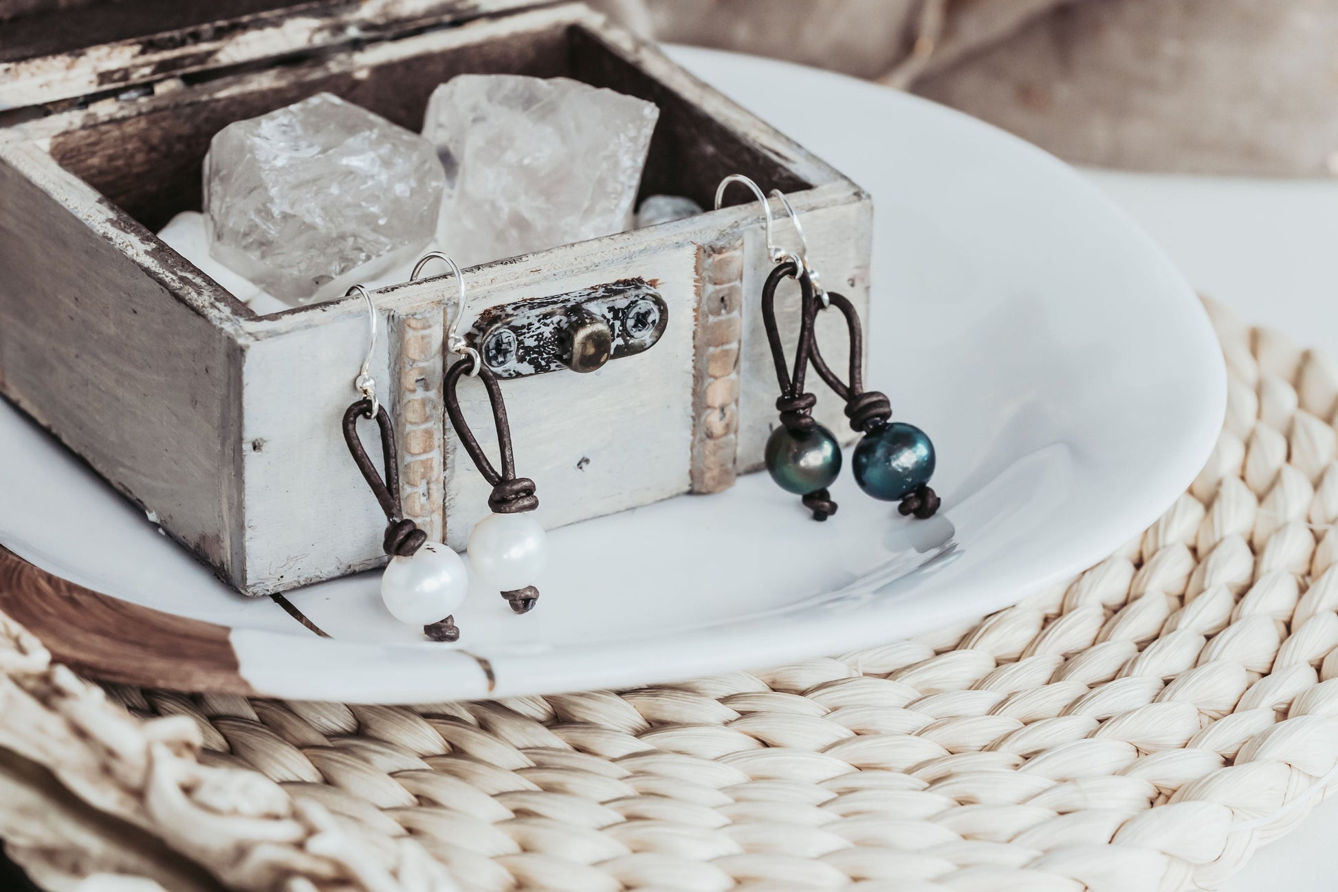 Pearl Leather Earrings, Leather Anniversary Gift,