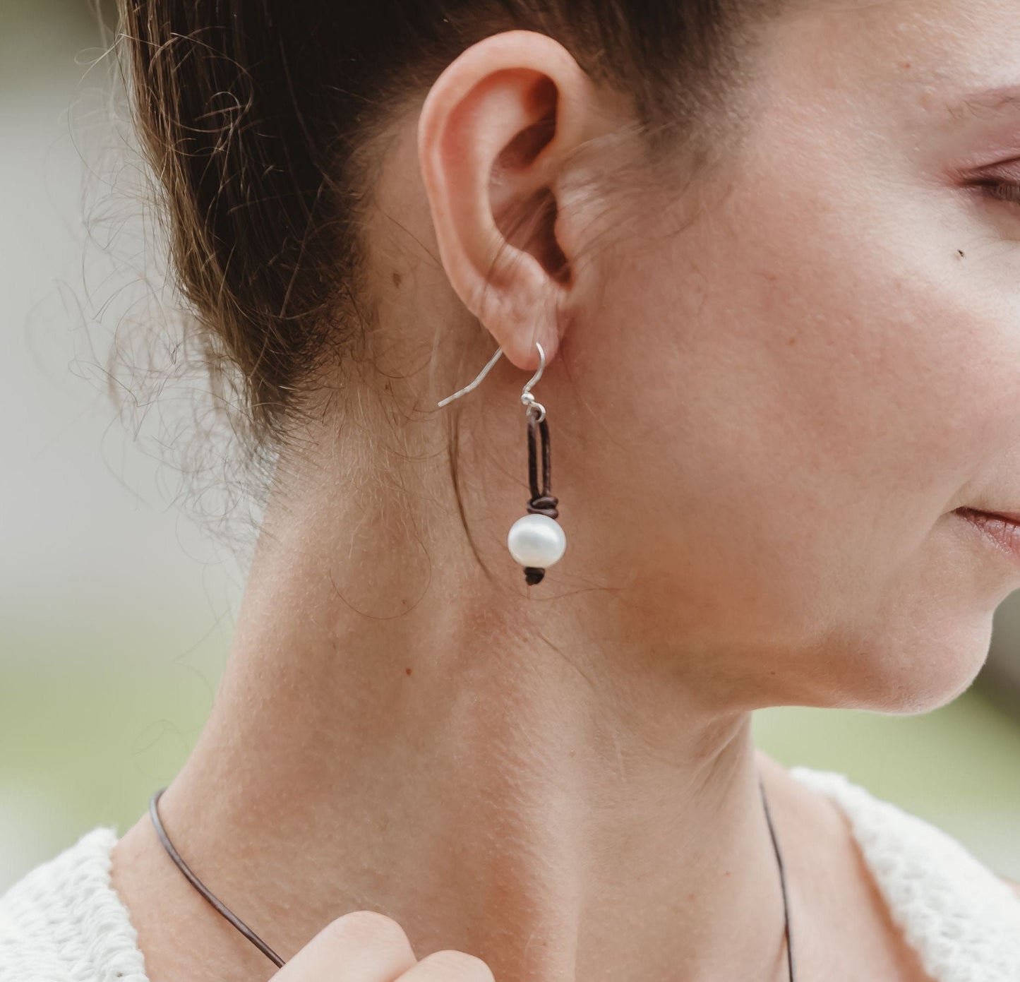 Boho Leather Knot Earrings, Freshwater Pearl Dangles