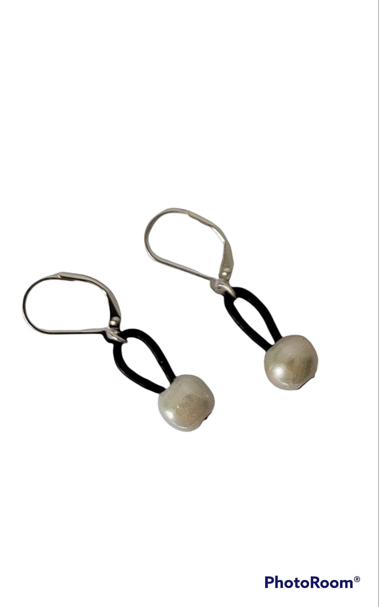 Pearl earrings, Leather pearl earring, 30th anniversary gift of pearls