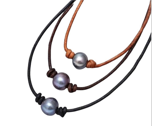 Single Pearl Leather Necklace, Floating Pearl Choker, Unisex Jewelry Gift