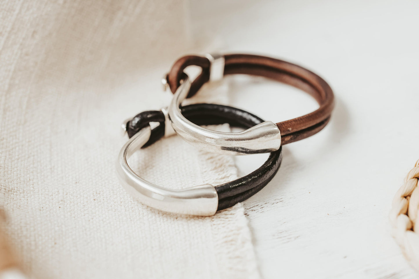 Half clasp leather bracelet, 3rd anniversary gift