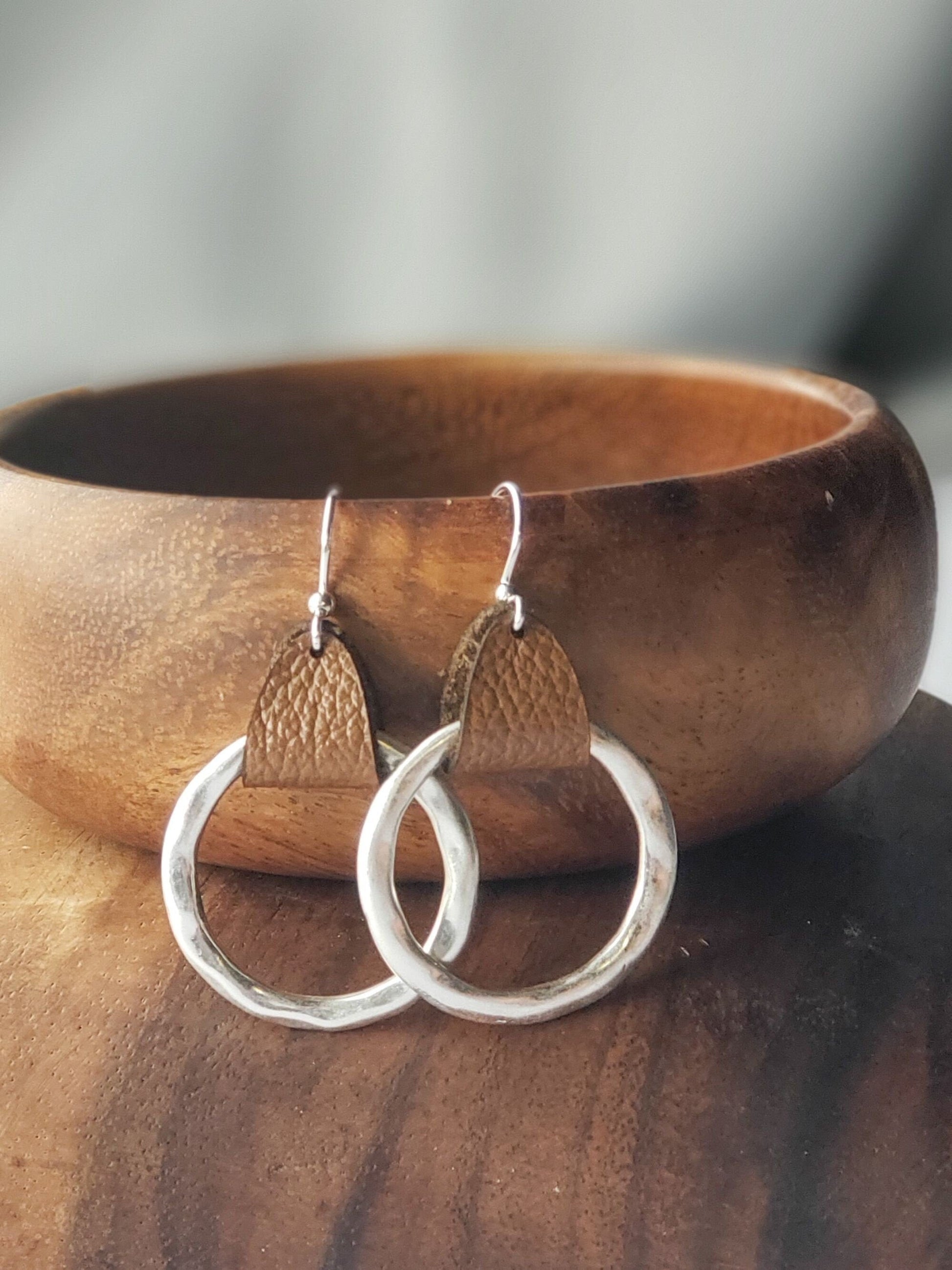 Rustic Genuine Leather hammered metal Hoop Earrings, Mother's day gift of Bohemian style earrings from son